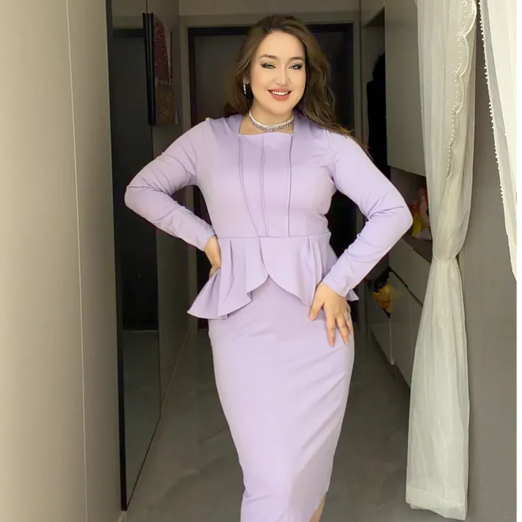 大码女装秋冬新款长袖OL气质优雅荷叶边连衣裙