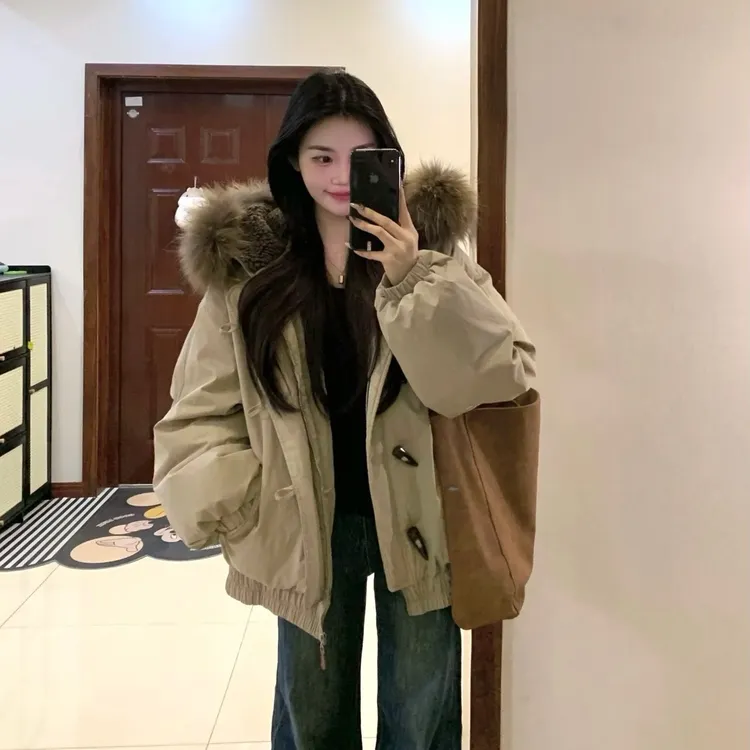 韩系棉服女大毛领派克服2025冬季新款加厚棉衣保暖牛角扣棉袄外套