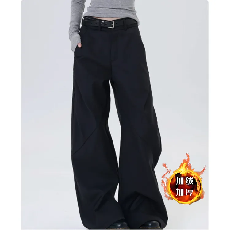 加绒加厚黑色休闲裤女秋冬新款低腰垂感西装长裤宽松阔腿拖地裤子