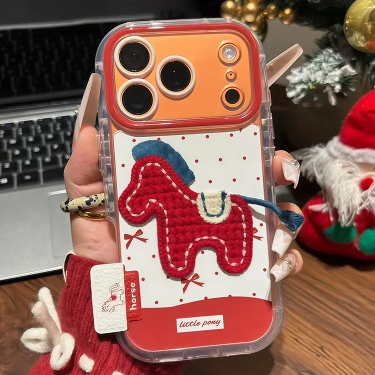 红色小马刺绣支架适用iPhone17Promax手机壳苹果16新年15/14防摔