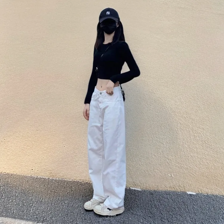 白色牛仔裤女宽松韩版阔腿裤2025年新款裤子高腰直筒裤宽松春秋