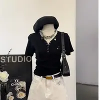 【刺绣小马】夏季纯欲设计感修身纽扣显瘦短袖上衣百搭时尚女-H901