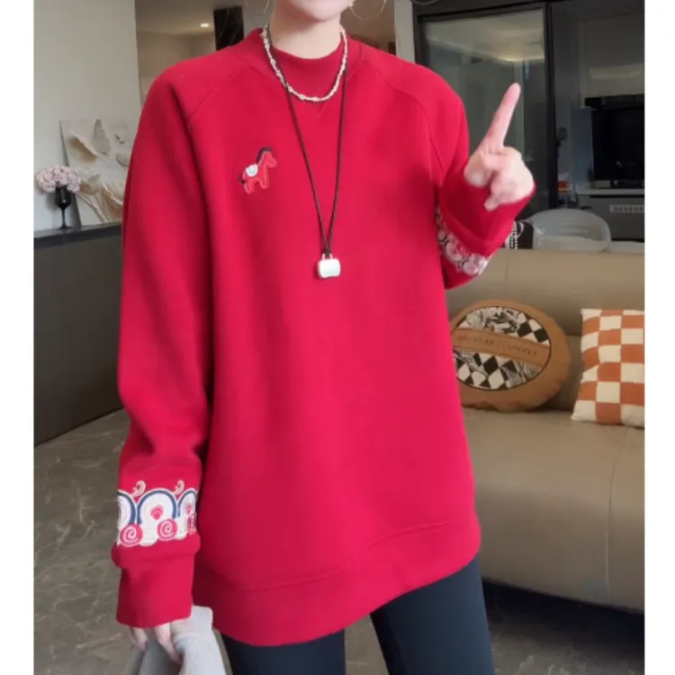 【国风祥云】国风刺绣插肩袖加绒加厚中长款圆领卫衣LK2509273