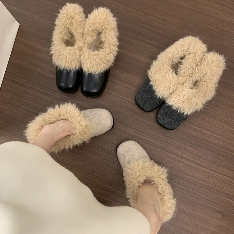 冬季方头毛毛鞋一脚蹬复古加绒保暖玛丽珍小皮鞋棉鞋时尚粗跟单鞋