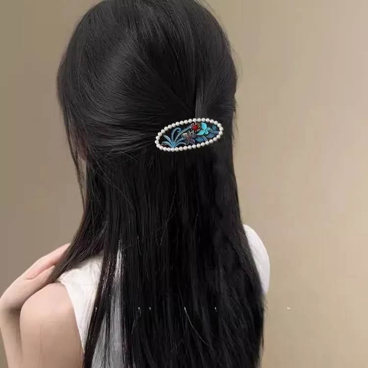旗袍配饰发夹复古国风烧蓝花朵弹簧夹女汉服发饰侧边刘海碎发夹子