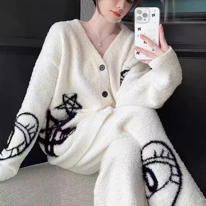 专属2025秋季加厚爱心图案半边绒慵懒风睡衣家居服套装女可外穿