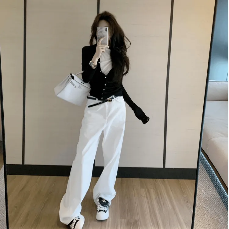 美式修身外套2025韩系辣妹修身设计感假两件上衣高腰显瘦白色裤子