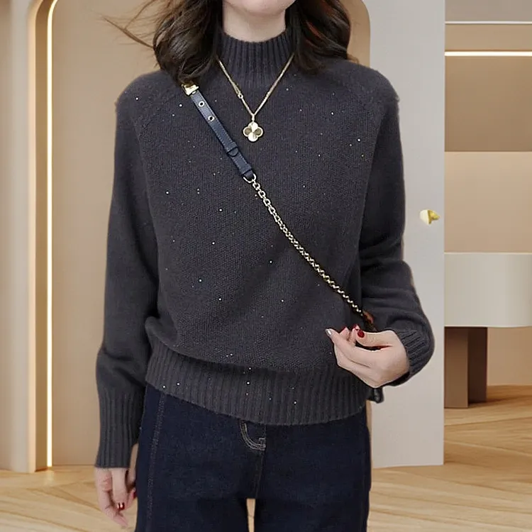 新款亮片洋气百搭毛衣女秋冬宽松减龄针织衫半高领套头长袖上衣
