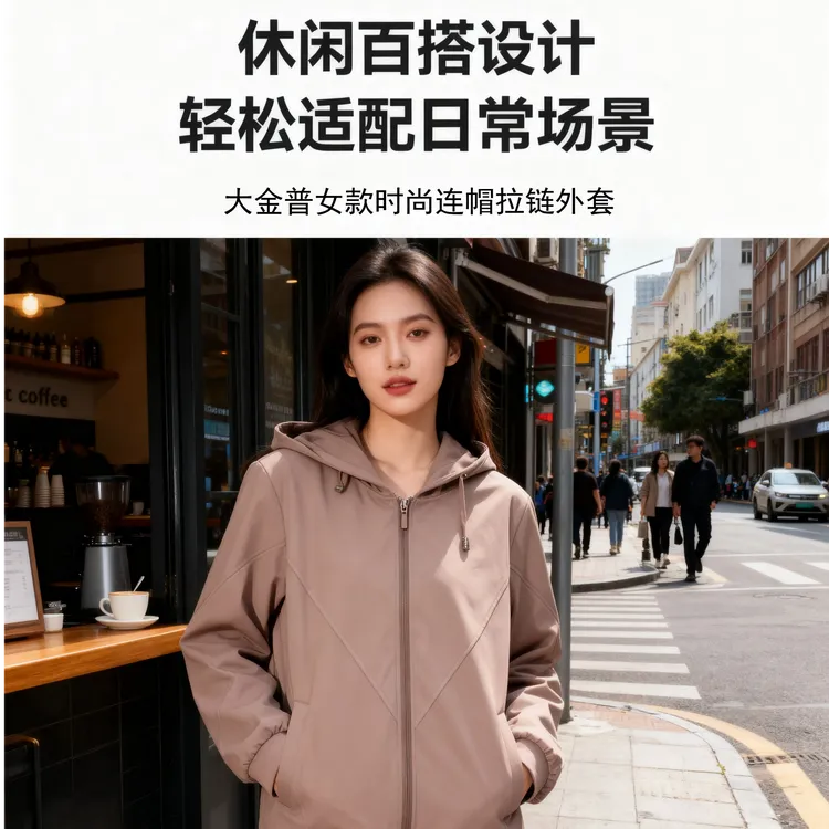 大金普 长袖拉链春季连帽夹克户外女款纯色秋季