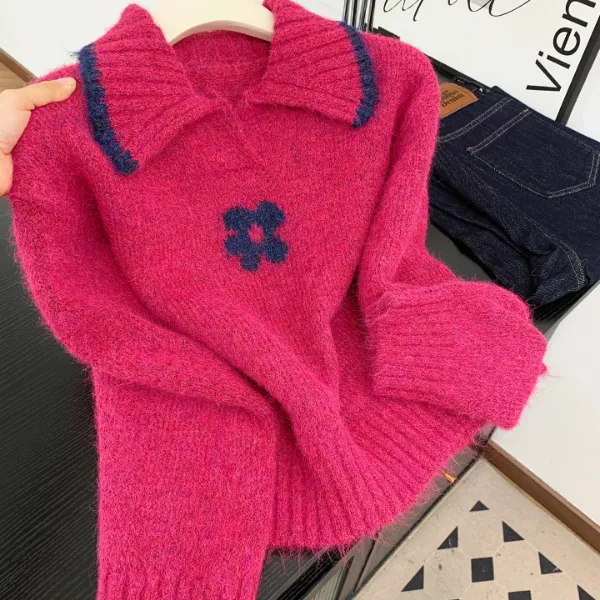 小个子韩版撞色翻领毛衣今年流行的爆款女装秋冬新款通勤风针织衫