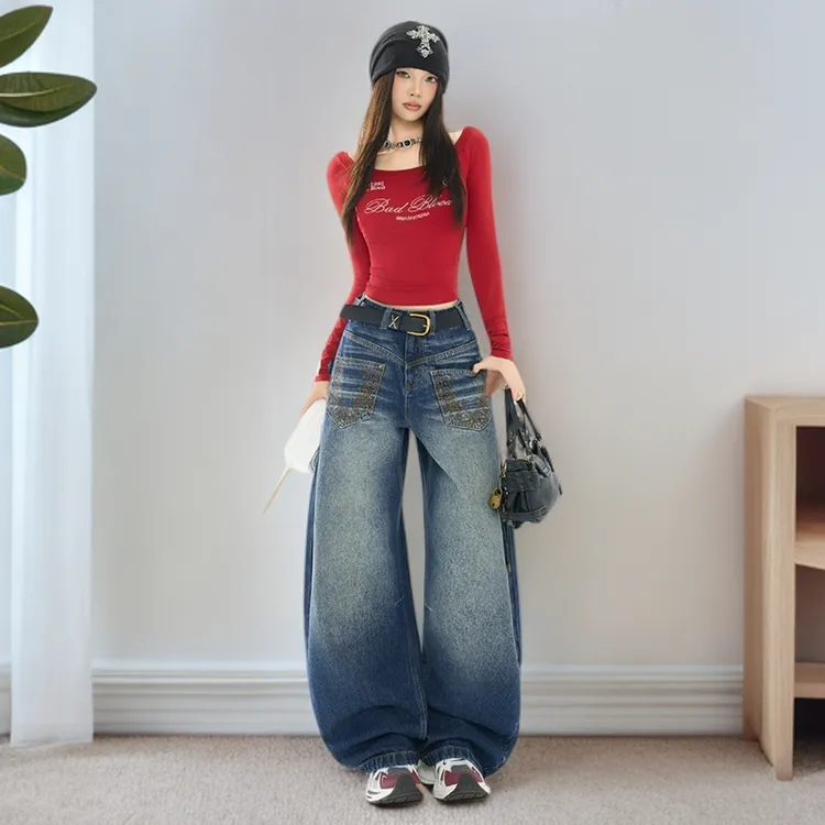 秋季秋季新款美式怀旧蓝弯刀女士牛仔裤高腰宽松显瘦刺绣口袋拖地