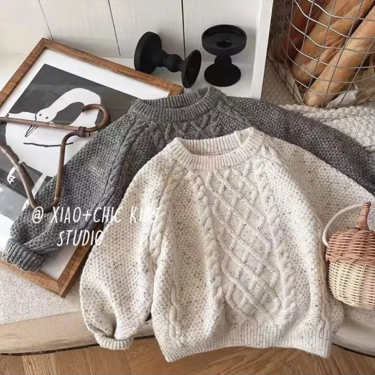 2025秋冬新款儿童加厚毛衣夹点麻花女童毛衣加厚男童素色针织衫