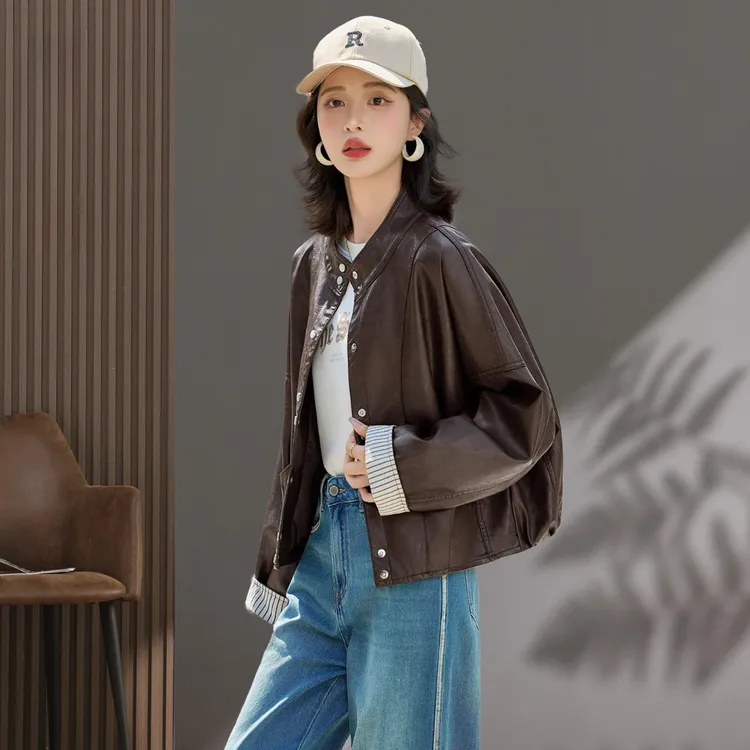 休闲皮衣外套女士大码胖mm春秋2025新款流行爆款条纹拼接气质上衣