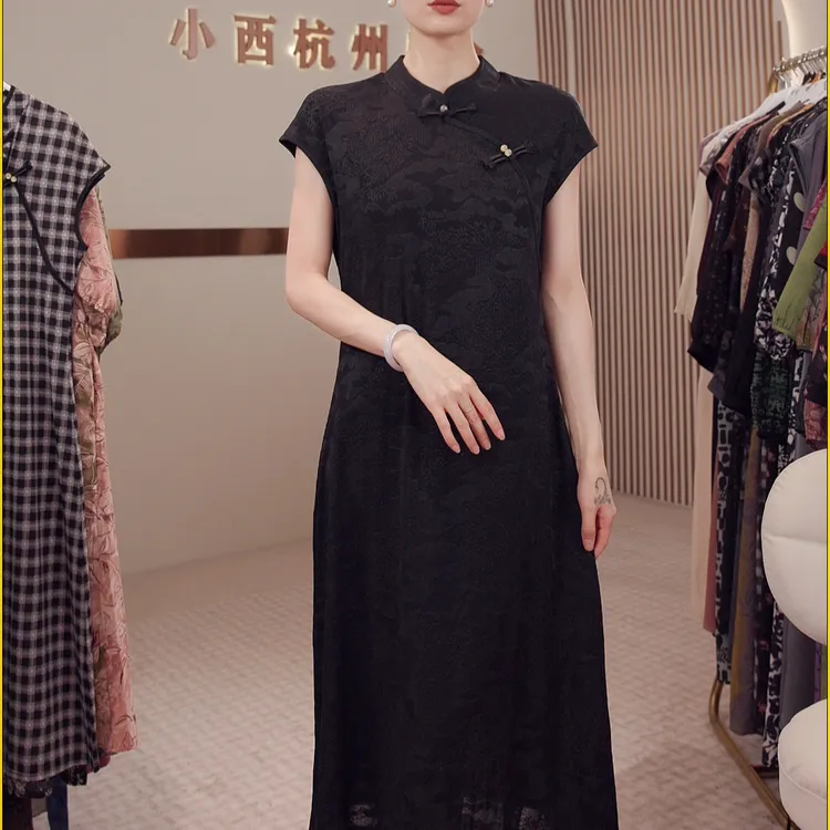 【黄小西】8082-2208新款云锦丝提花刺绣气质显瘦旗袍连衣裙