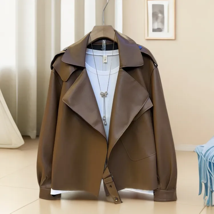 早秋套装大码胖mm显瘦百搭pu皮衣外套女宽松夹克开衫翻领纯色皮衣