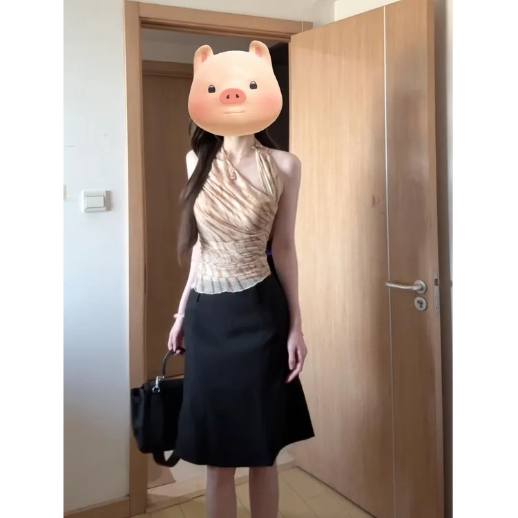 parkyeon夏季新款设计感挂脖吊带背心上衣气质高腰显瘦半身裙套装