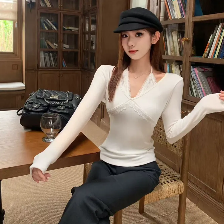 【芭蕾罗曼史】假两件V领慕斯绒打底衫女收腰显瘦设计感纯欲上衣