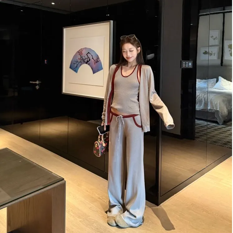 巨好看的早秋小香风针织休闲运动套装女春秋时尚洋气阔腿裤三件套