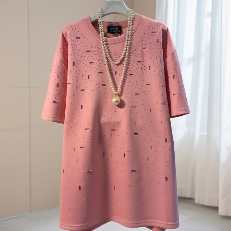 YDD新款重工烫钻休闲短袖遮肉短袖T恤上衣