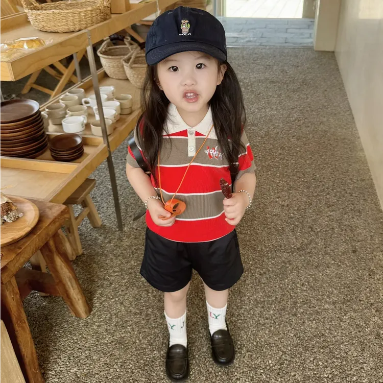 壹妈韩版童装女童夏季套装儿童洋气时髦条纹polo领短袖休闲短裤潮
