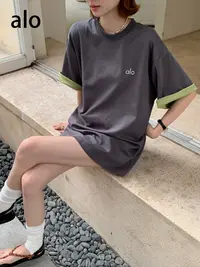 alo 女款休闲长款圆领内外撞色夏季时尚T恤