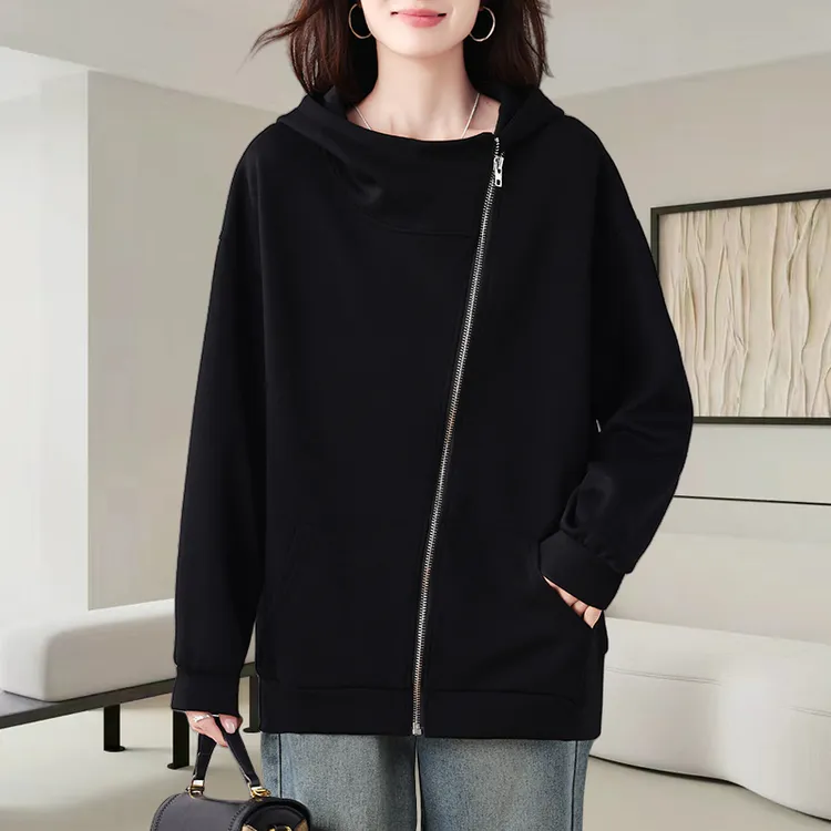 中长款黑色长袖卫衣女2025秋冬新款时尚宽松遮肉显瘦休闲百搭上衣