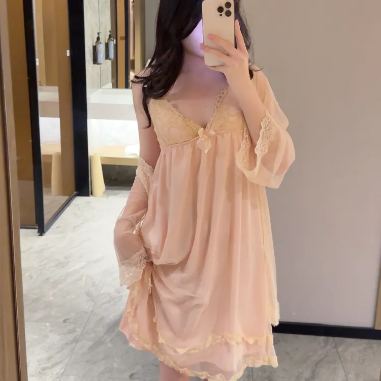 浪漫女主*连衣裙蕾丝睡裙透气外袍带胸垫吊带性感V领女士家居服