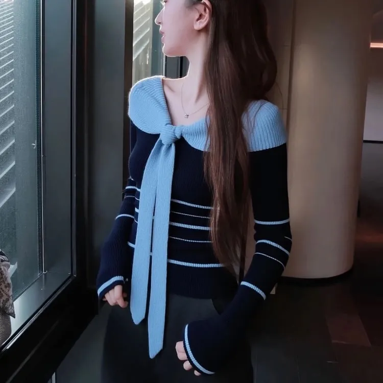 纯欲氛围感拼色长袖针织打底衫女内搭秋冬独特条纹拼接上衣设计感