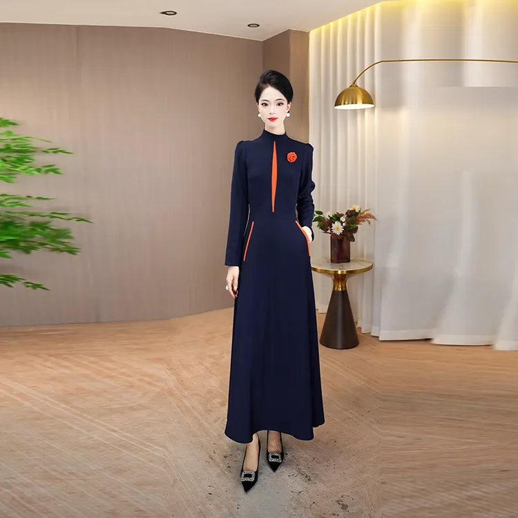 藏蓝色连衣裙女2025秋季新款修身显瘦气质大摆裙子优雅长袖长裙