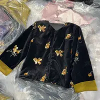 D6073新中式国风时尚亮片花朵撞色袖口丝绒外套