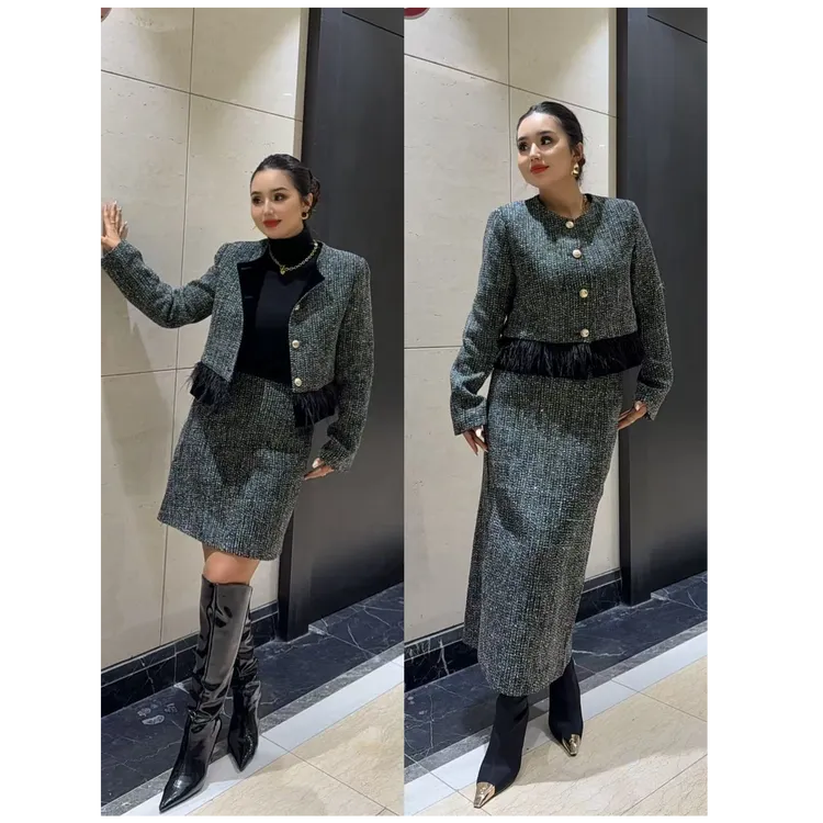 新款加棉加厚小香风法式气质名媛外套半身裙两件套