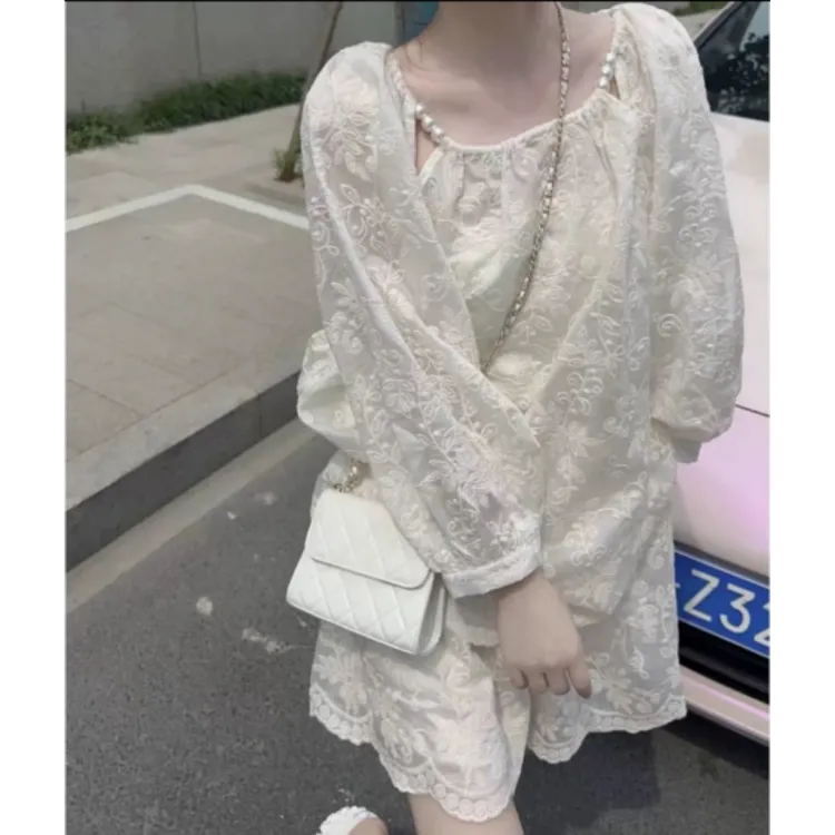 女装夏季新款蕾丝刺绣上衣阔腿花边短裤套装高级感宽松洋气两件套