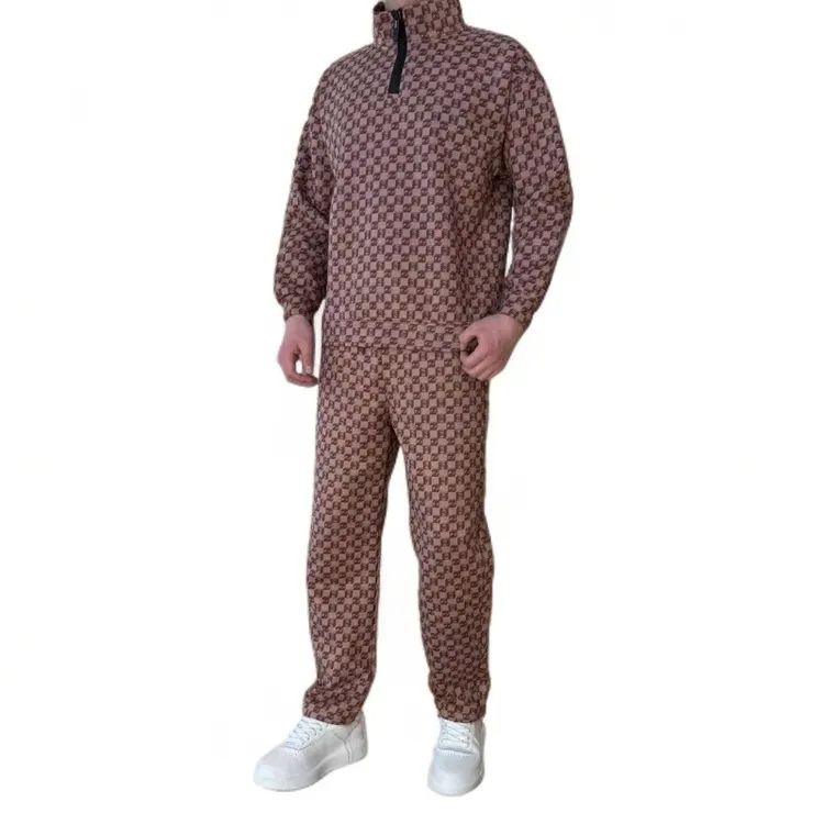 2025冬季新品男士时尚潮牌宽松款印花格子卫衣长裤两件套套装休闲