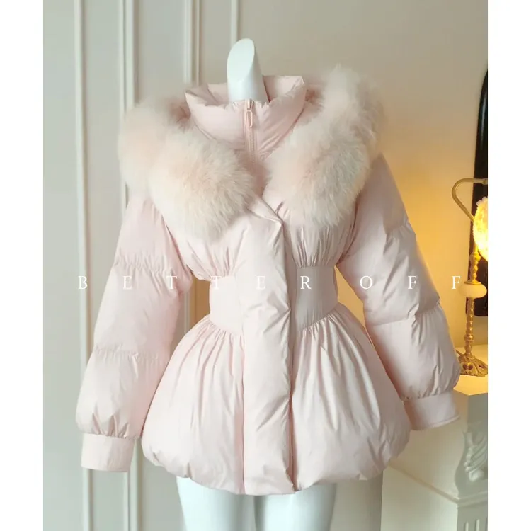 韩版时尚甜美风气质高级感毛领棉服女款2026冬季新款收腰连帽外套