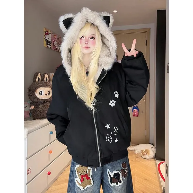 凛可爱 小众设计kt刺绣加厚毛绒外套女秋冬宽松休闲保暖夹棉上衣