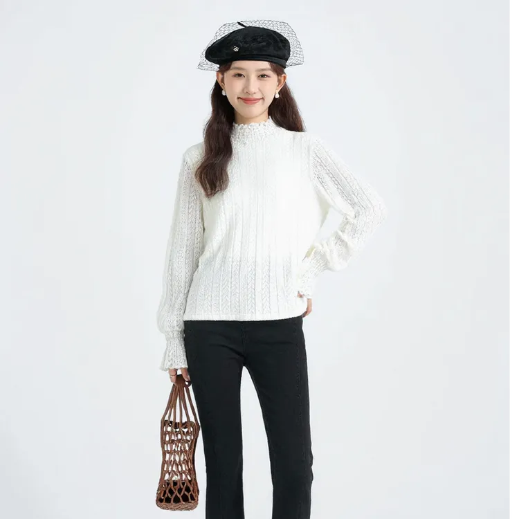 奢姿2025冬季新款大码女装半高领蕾丝拼接绞花针织毛衣胖妹妹上衣