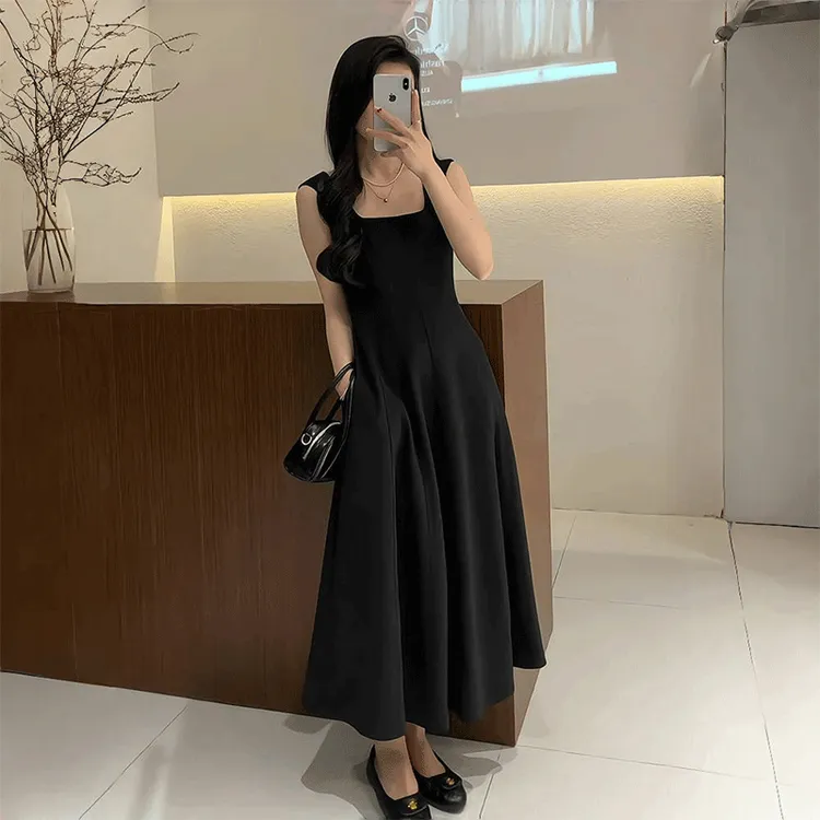法式黑色无袖背心裙女收腰方领连衣裙女夏季高级感a字大裙摆长裙