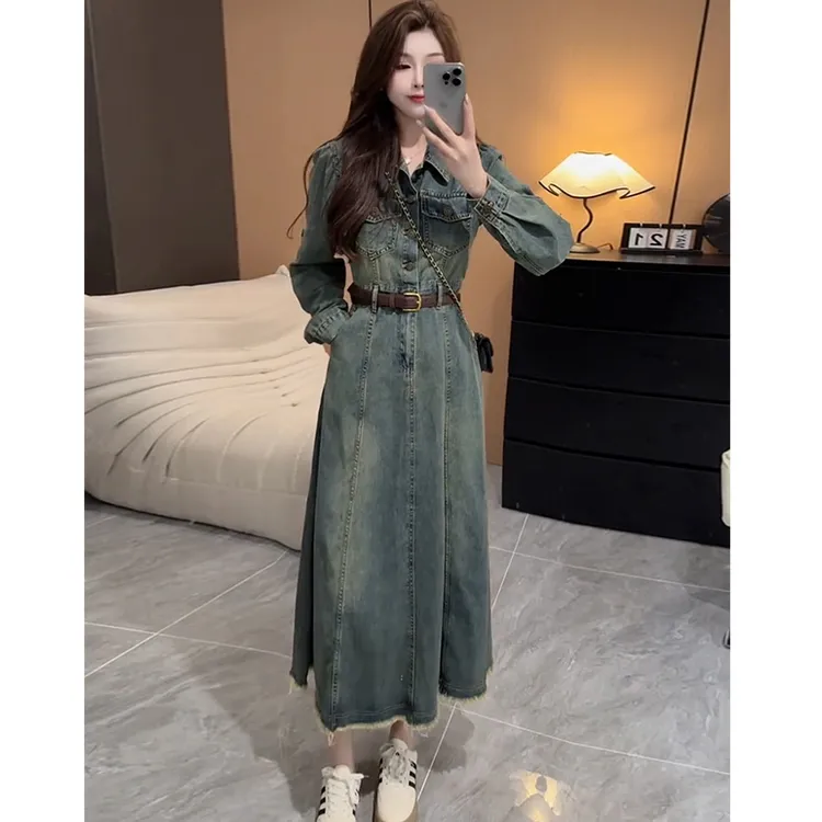 复古气质长裙2025春秋季新款小众收腰显瘦高腰长袖A字牛仔连衣裙