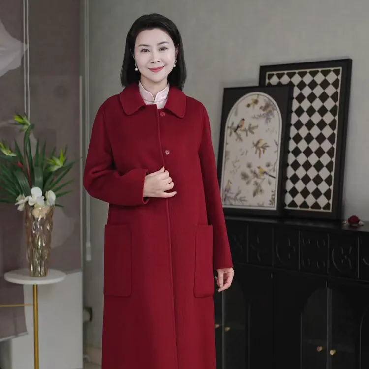 法式复古双面羊绒大衣女中长款安可拉红色毛呢外套秋冬598-1