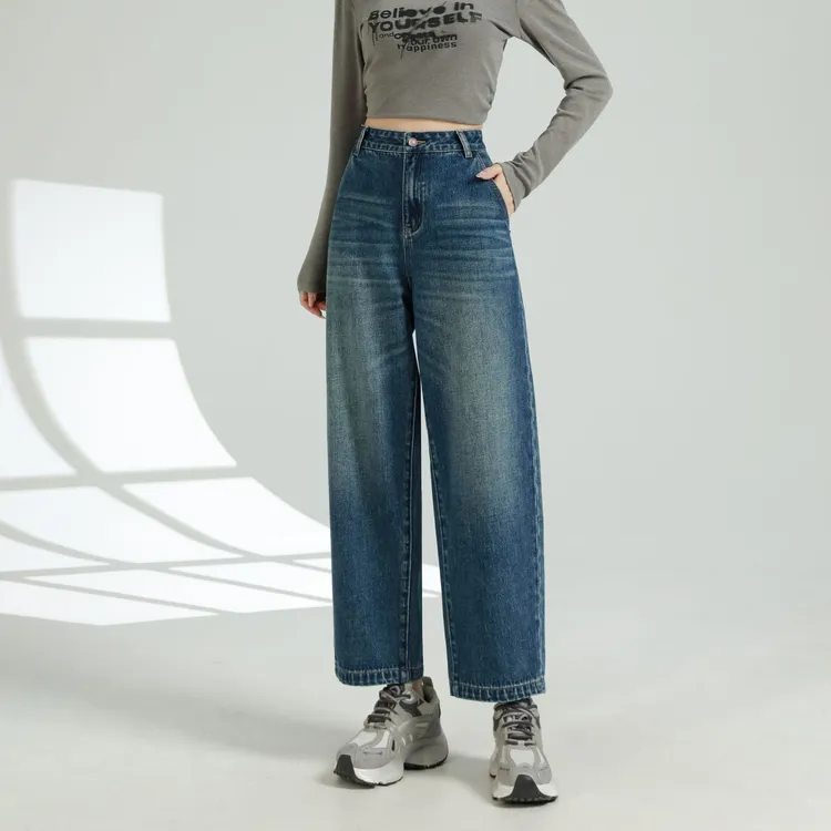 百搭牛仔裤秋季显瘦弯刀裤女款遮肚宽松九分裤高腰休闲小个子裤子