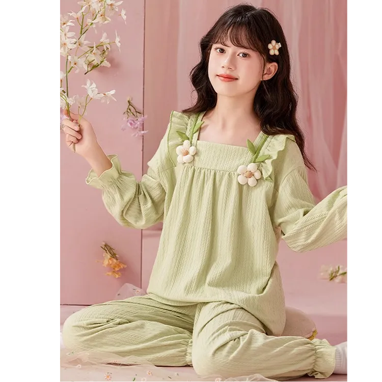 儿童睡衣女童2025新款春秋纯棉薄款长袖女孩带胸垫宫廷风洋气秋季