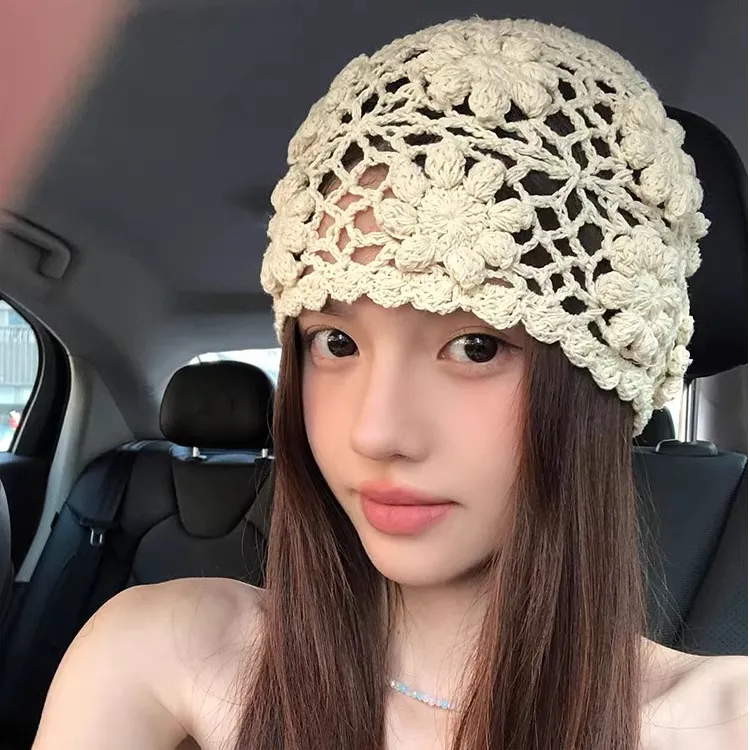 春夏季薄款手工编织镂空花朵包头帽女小众氛围感复古百搭套头帽子