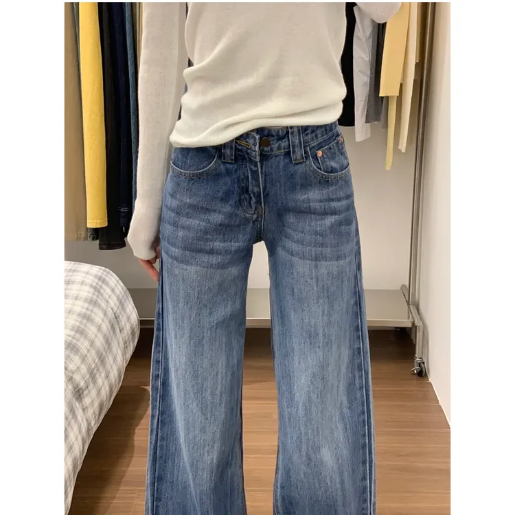 2025春季新款复古竖纹直筒显瘦牛仔裤女低腰拖地裤长裤TZQ2531321