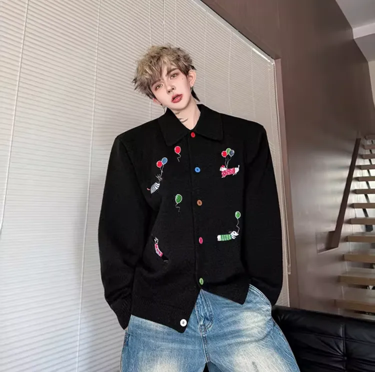 秋冬韩国网红小众图案刺绣翻领开衫针织外套男小香风加厚垫肩毛衣