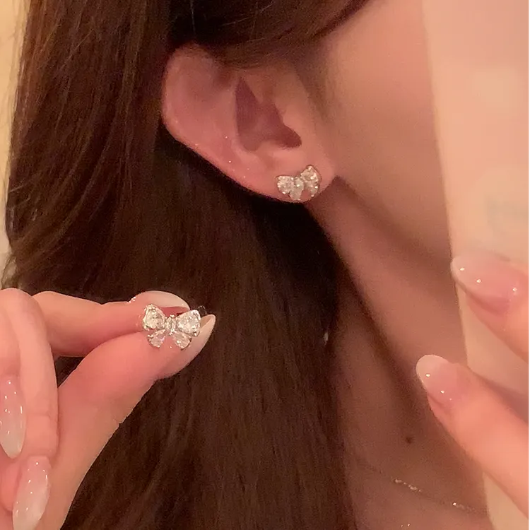 芒果饰品 铜合金锆石耳饰 韩系百搭闪锆蝴蝶结耳环女气质耳钉耳饰