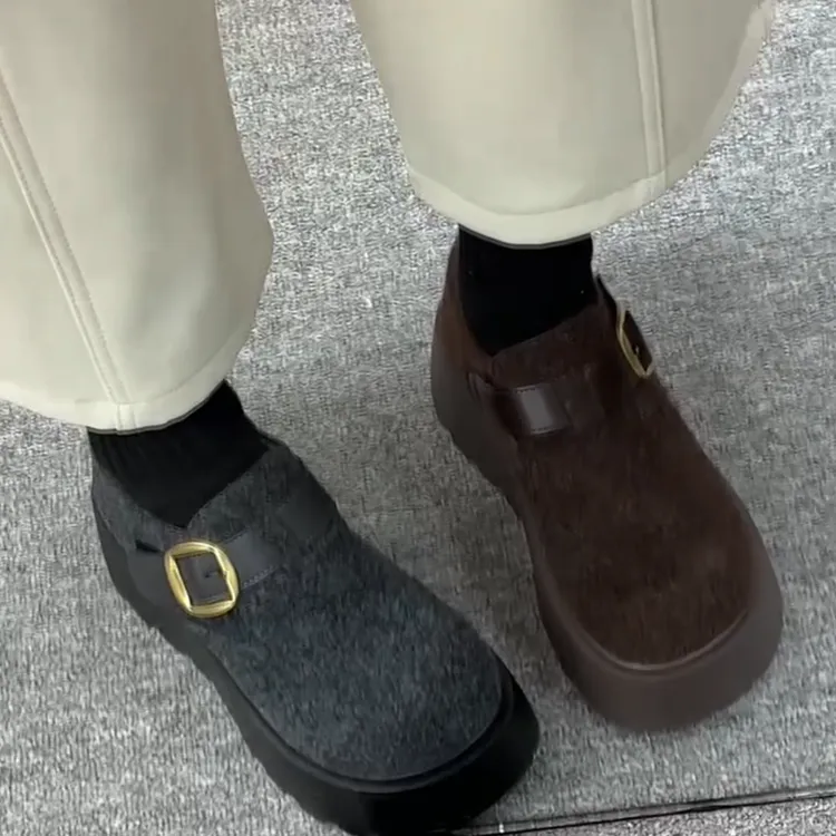 增高版~ 松糕厚底毛呢勃肯鞋女2025年冬季爆款灰色加绒休闲乐福鞋