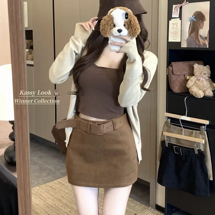 秋冬季辣妹风美式鹿皮绒复古纯色百搭半身裙女高腰显瘦包臀裙短裙