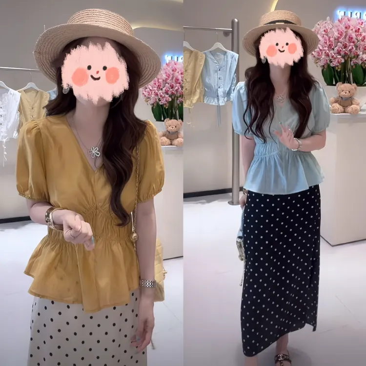 夏季成人压褶套头纯色3D效果衬衫法式连衣裙泡泡袖减龄显瘦