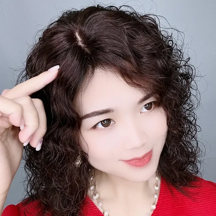 隐形卷发补稀疏中年妈妈款真人发丝蓬松头顶遮白发手织补发片
