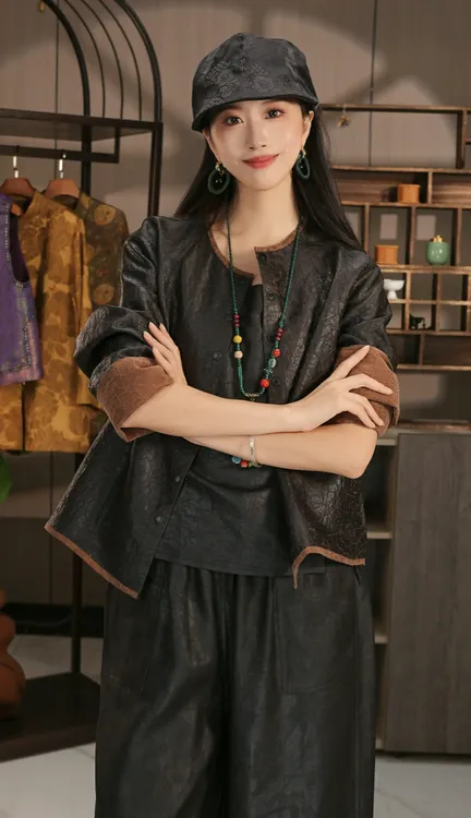 【开心家】桑蚕丝龟裂纹香云纱正反两面穿外套女